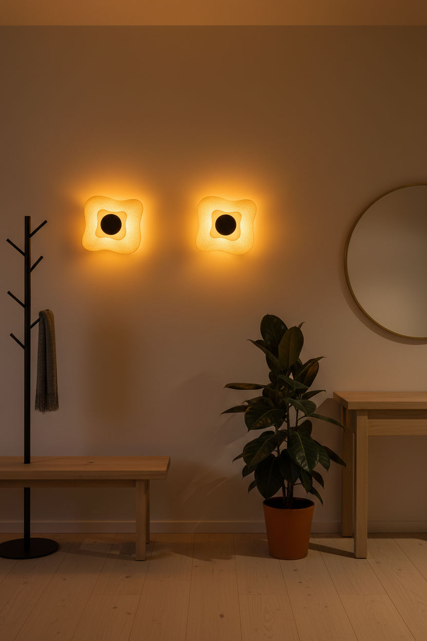 Dos apliques de pared FORMEE beige encendidos en el recibidor - Iberic Deco