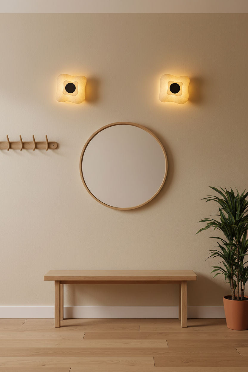 Dos apliques de pared FORMEE beige encendidos en el recibidor - Iberic Deco