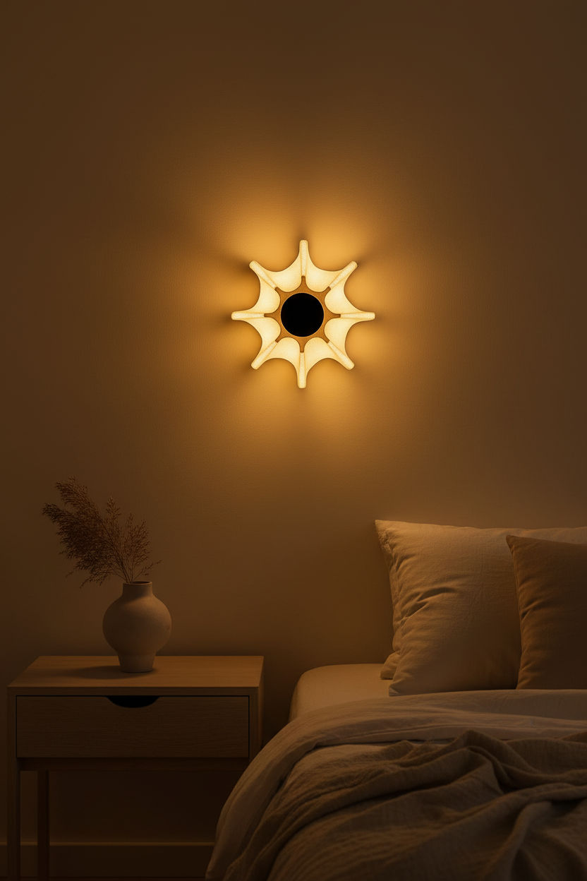 Aplique de pared OANI beige encendido en el dormitorio - Iberic Deco