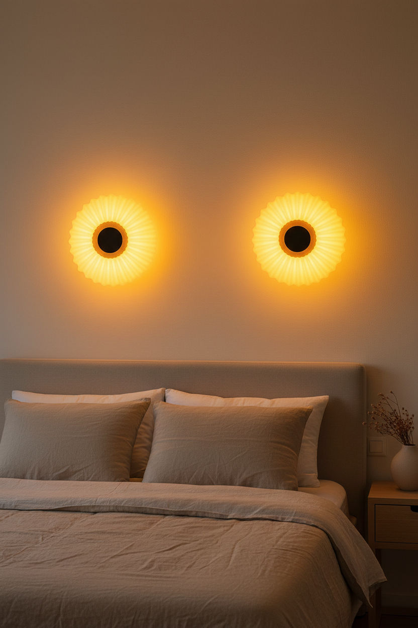 Dos apliques de pared RIVO beige encendidos en el dormitorio - Iberic Deco