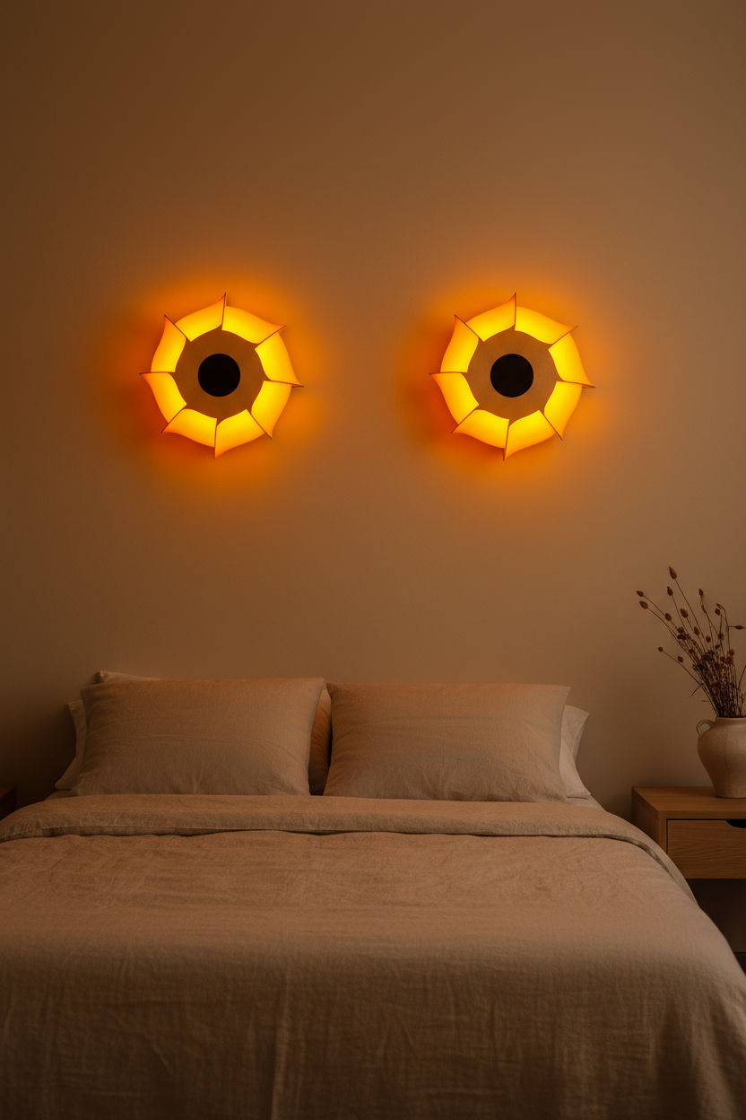Dos apliques de pared RUMIO beige encendidos en el dormitorio - Iberic Deco