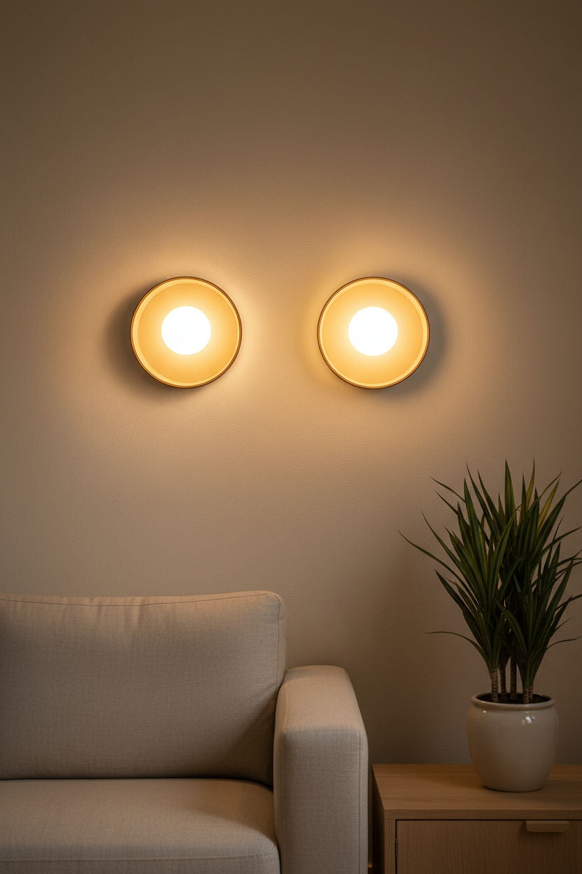 Dos apliques de pared SILO beige encendidos en el salón - Iberic Deco