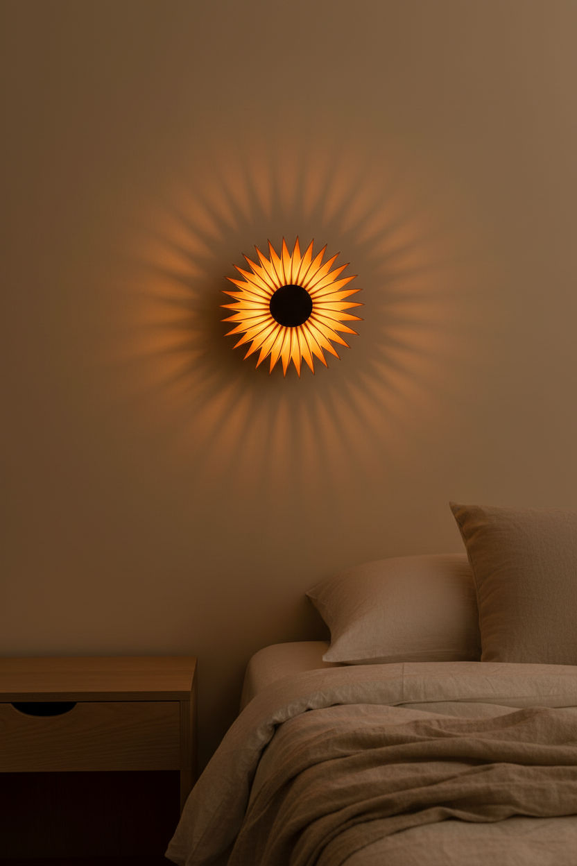 Aplique de pared TERU beige encendido en el dormitorio - Iberic Deco