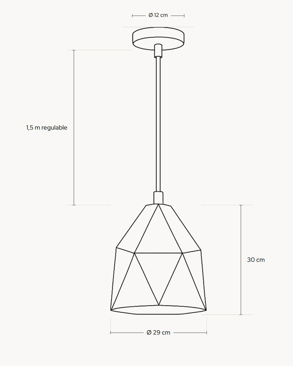 Esquema con las medidas de Lámpara colgante de diseño DANT